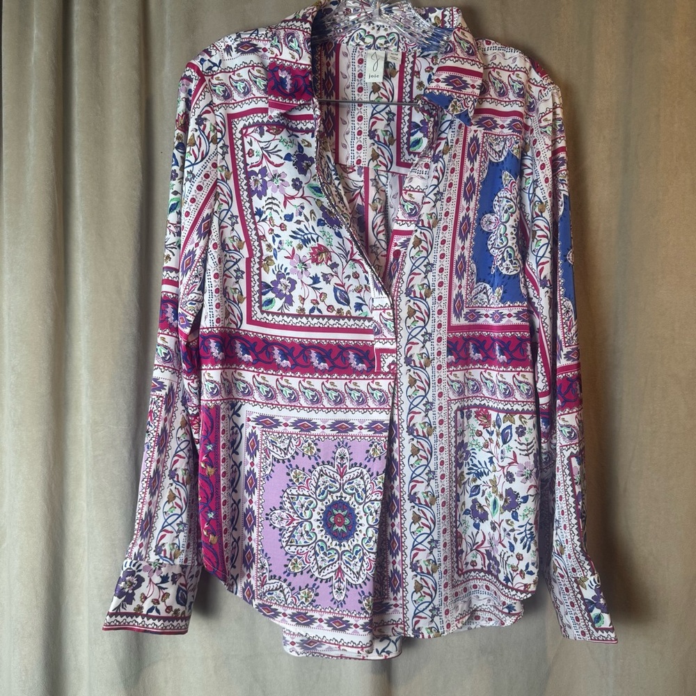 Joie Multicolor Patchwork Button-Down Shirt polyester silky feel boho